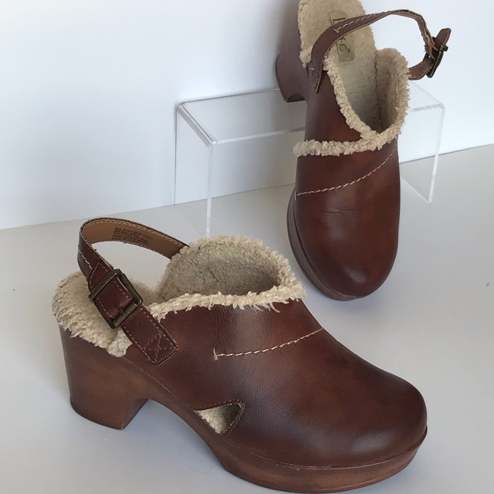 Brown Cognac Clogs Faux Fur Lined Platform size 8 Buckle Slingback Cecilia sz 8